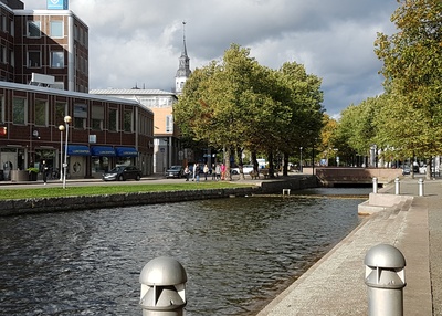 Rauma, canal complex, behind the city hall tower. rephoto