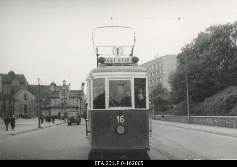 German occupation in Estonia. Adolf Hitler street named tram train on Pärnu highway.