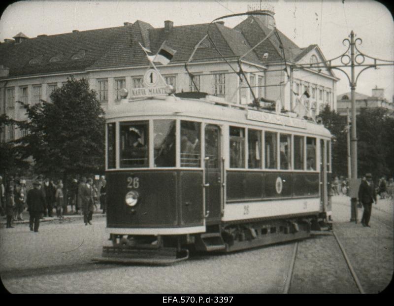 Celebration of the 40th anniversary of the establishment of Hoburaudtee (so-called conca). Electric tram on Pärnu highway.