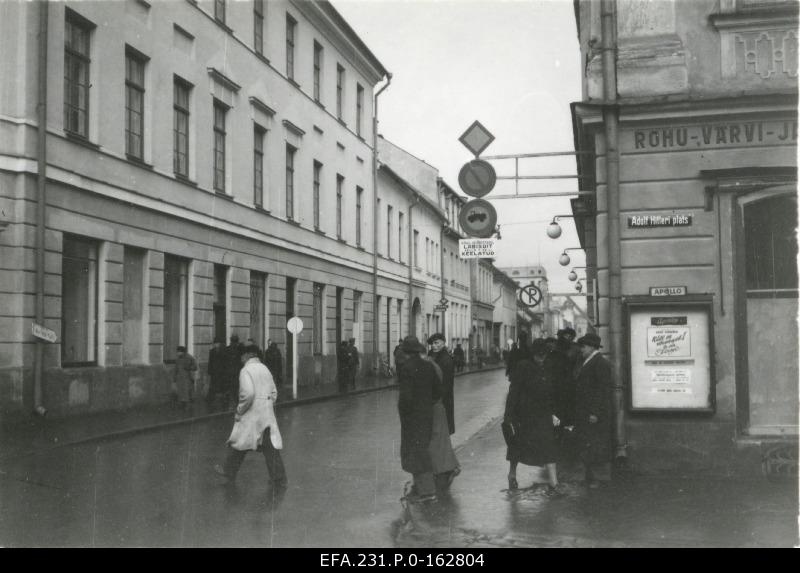 German occupation in Estonia. The corner of A.Hitler Square and Rüütli Street with a new bridge on this square.