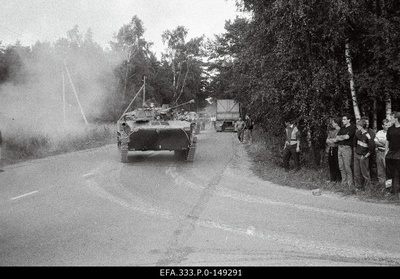 In connection with the attempted coup in the Soviet Union, Soviet army tanks sent to Estonia on the way to the TV Tower in Kloostrimetsa.  similar photo
