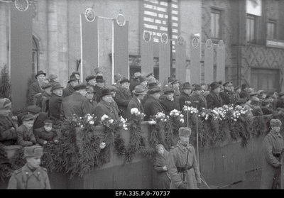 View of the tribute of party and government figures During the 30th Anniversary of the Great Socialist Revolution in October, the winning Square during the Workers' Demonstration.  similar photo