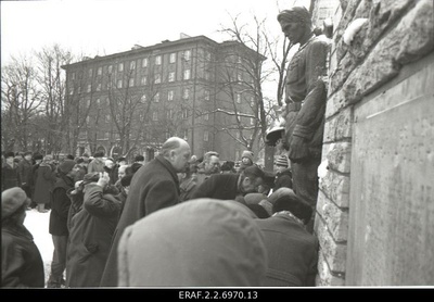 The 45th anniversary of the defeat of the German occupation of Tallinn is celebrated at Tõnismäel’s Tallinn Liberation Monument (Pronx Warrior). Flowers are placed on the monument  similar photo