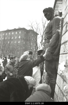 The 45th anniversary of the defeat of the German occupation of Tallinn is celebrated at Tõnismäel’s Tallinn Liberation Monument (Pronx Warrior). Flowers are placed on the monument  similar photo