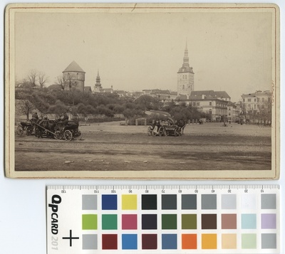 View of Harjumägi and Toompea from Harju Market (Freedom Square). On the left Harjumägi, Kiek in de Kök.  duplicate photo