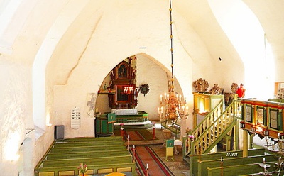Photo. Interior view of the Martna Church. rephoto