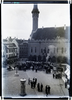 Firefighting demonstration in Tallinn at Raekoja square in front of the building of the Raekoja.  similar photo
