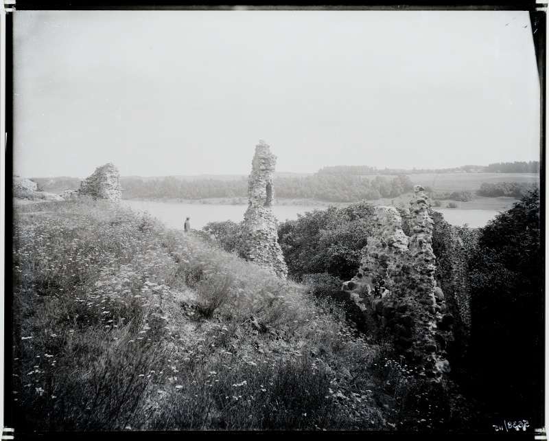 View of castle roofs and lake
