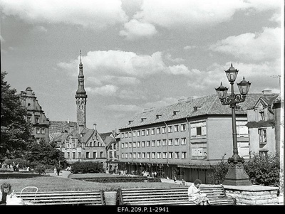 View from the gray area of Harju Street to the tower of Raekoja.  similar photo