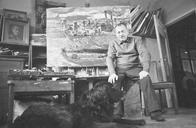 Kunstnik R. Saerits koeraga.