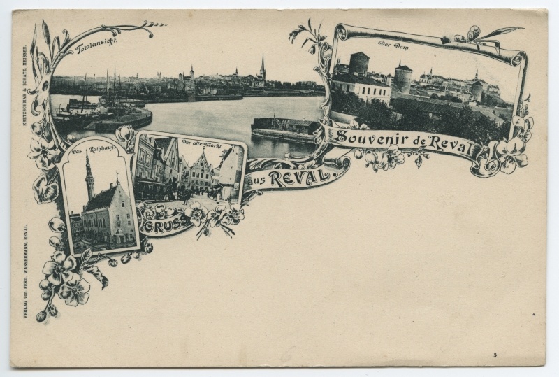 Postkaart: "Gruss aus Reval", "Souvenir de Reval"; fotomontaaš: 4 linnavaadet graafiliste kaunistustega.