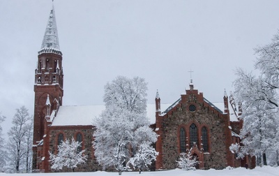 trükipostkaart, Viljandi, Pauluse kirik Vaksali teelt, talv, u 1903, kirjastus A. Tõllasepp, foto J. Riet rephoto