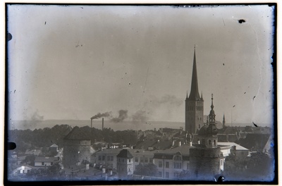 View from Toompea from Patkuli stairs across the northeast of the Old Town. In front of the right Gustav Adolf Gymnasium buildings, the towers of the Church of the Lord of the Tallinn, the tower of the Church of Olevis.  duplicate photo
