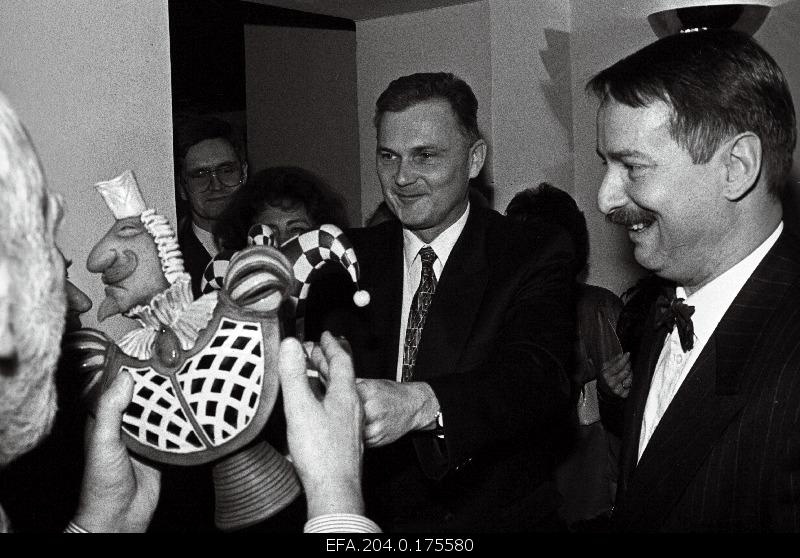 Minister of Foreign Affairs Siim Kallas and Minister of Social Affairs Toomas Vilosius and Minister of Economy Andres Lipstok (on the left) at the 70th anniversary of Kaljo Kiisa, an actress member of the Riigikogu.