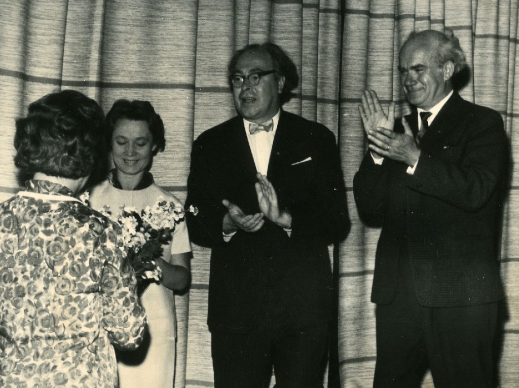 Kersti Merilaas, Linda Rummo, Voldemar Panso and Karl Ader Kersti Merilaas in the creative evening of the Book House in spring 1963