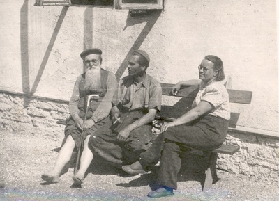 Ernst Peterson-Särgava, Paul Särgava and Juta Särgava at their house in July 1951  similar photo