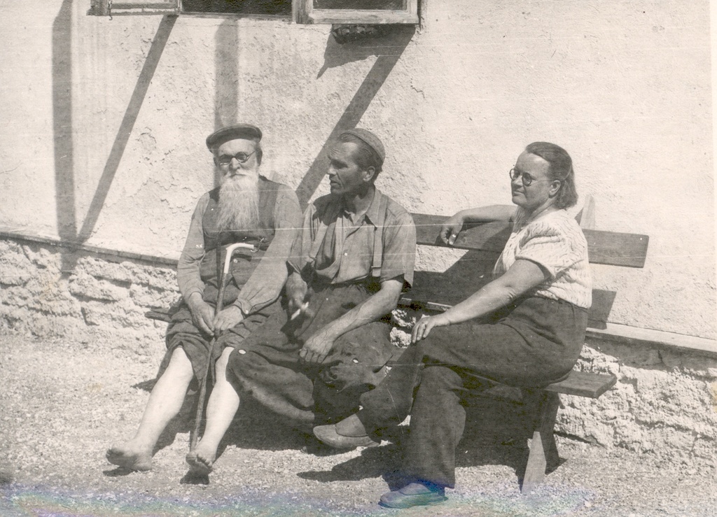 Ernst Peterson-Särgava, Paul Särgava and Juta Särgava at their house in July 1951