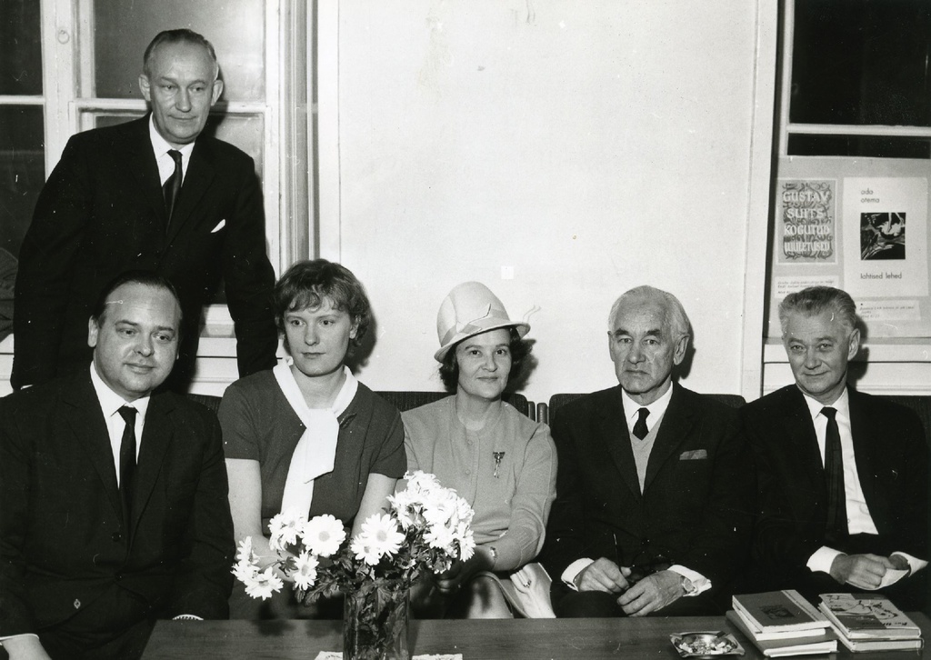 Writers at the Stockholm Estonian House of Regeringsgatan at the opening of the Book Exhibition 27.11.1965. Left: Ivar Grünthal, Elmar Pettai, Helga Nõu, Karin Saarin, August Mälk, Karl Ristikivi