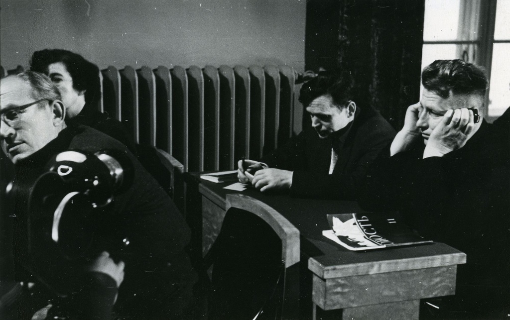 View of the meeting hall of the 4th Congress of the Estonian Union of Writers in 1958. A. Sang, K. Merilaas, V. Gross, etc.