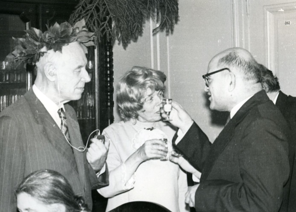 Valmar Adams, Find Aleksejeva, Pavel Reifman V. Adams at the 75th Jubilee on 30th of July 1974 at the TRÜ cafe