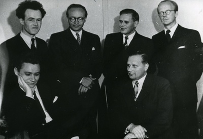 K. Ristikivi, V. Uibopuu, R. Kolk, I. Talve, K. Lepik and a. Mägi in September 1949, the literary evening of the magazine "Sõna" at the special school in Stockholm  similar photo