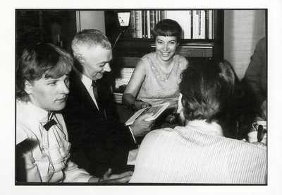 Attending the Ivaski reception at Helmi Eller's home at Karlavägen in Stockholm on 15.07.1968. VAS. : Helga Nõu, Karl Ristikivi, Astrid Ivask, Ivar Ivask (with back)  duplicate photo