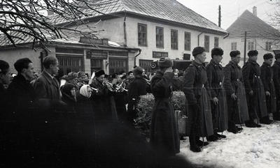 Placement of the cornerstone of the monument pillar dedicated to the rebellion of Saaremaa in the former pillar of the memorial pillar of the fallen in the War of Liberty: military personnel are saluteering  similar photo