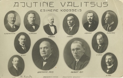 Ev Provisional Government, 1st of the composition: o. Strandmann, J. Jaakson, J. Poska, J. Kukk, J. Raamot, m. Kostner, a. Peet, a. Päts, a. Rei, e. Sokk, h. Pöhl, h. Koch  duplicate photo