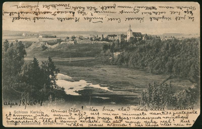 Postcard, Karksi-Nuia, Karksi valley, church and castle shelves