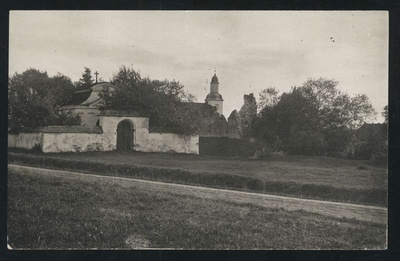 Postcard, Karksi-Nuia, Karksi cable, castle brushes, church  duplicate photo