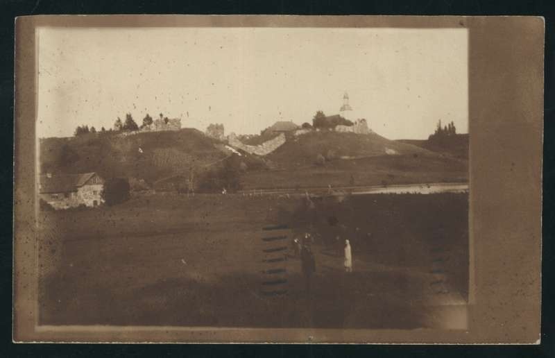 Postcard, Karksi-Nuia, general view of Karksi fortress, church from valley