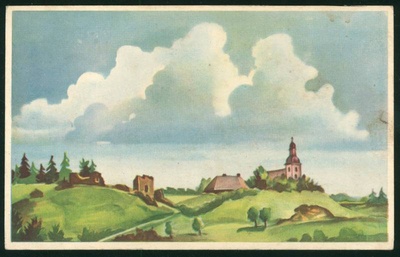 Postcard, Karksi-Nuia, ruins and church of Karksi castle  duplicate photo