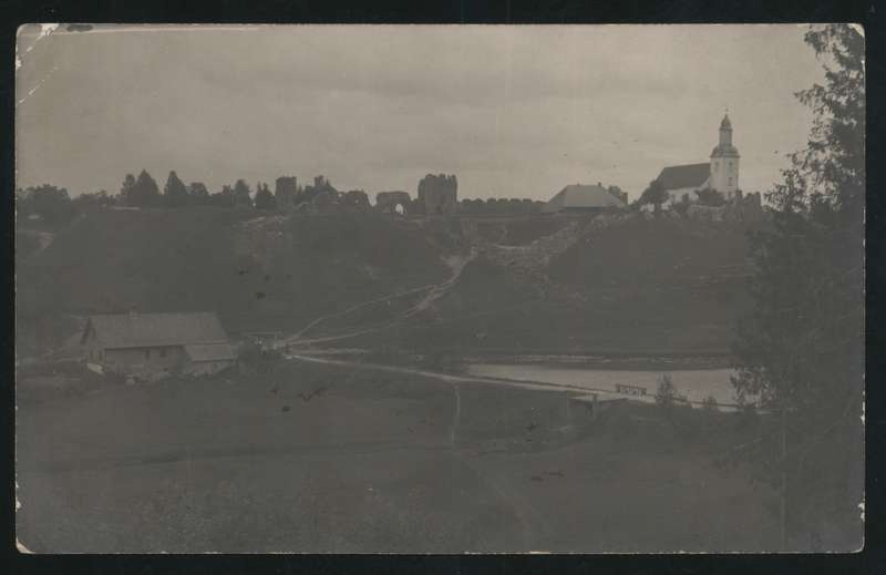 Postcard, Karksi-Nuia, Karksi valley, lake, castle roofs, church