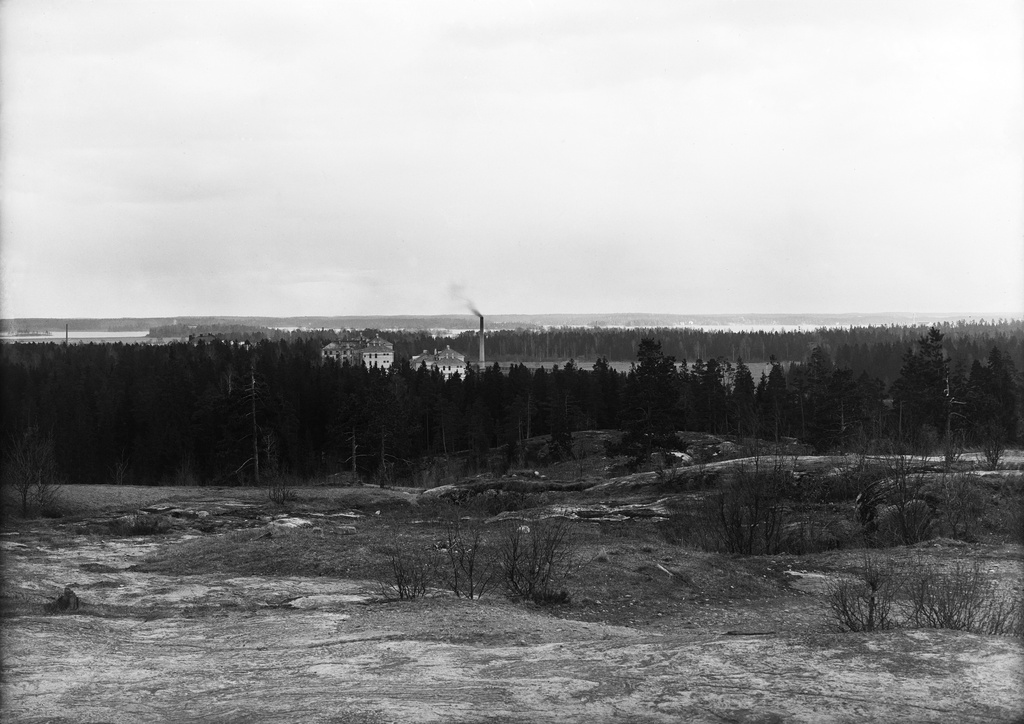 Näkymä Taivaskalliolta itäkaakkoon, keskellä Kunnalliskoti (myöh. Koskelan sairaala) Koskelassa, taustalla Vanhankaupunginlahti.