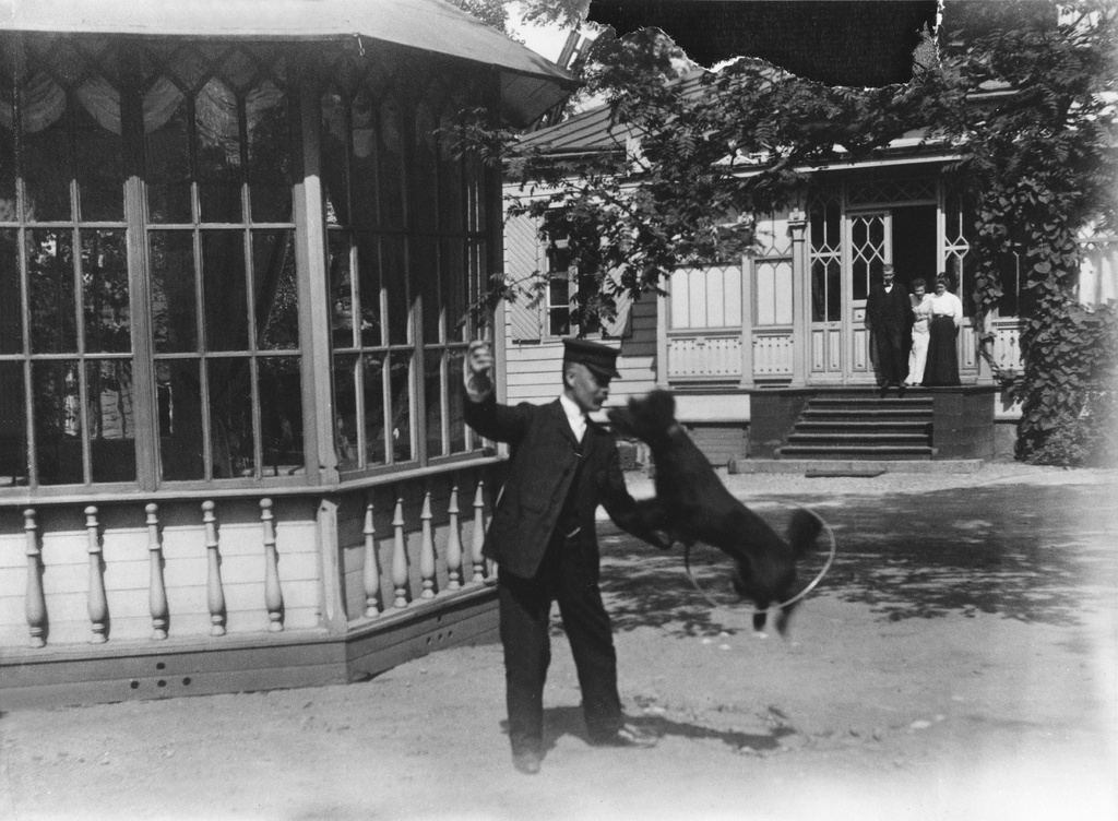 F. Oskar Lindroos leikkii Truls-koiran kanssa ravintola Kaisaniemen pihalla.