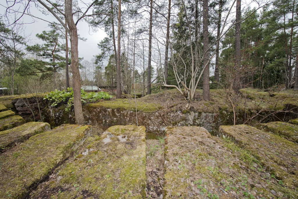 Ruukinranta. Ensimmäisen maailmansodan aikainen maalinnoitus, puolustusasema XXXVI:2 Ruukinrannassa, Espoossa. Kuvassa on aseman eteläosassa sijaitseva kaareva, kallioon louhittu kivääriasema, jossa on ampuma-aukkoja yhdeksälle kiväärimiehelle. Seiniä on tuettu betonilla. Matalat ampuma-aukot lähtevät säteittäin hautamaisesta asemasta. Rakenteen päällä kasvaa sammalta. Vasemmalla on haudan takareunalle istutettu vuorenkilpeä. Pohjalla on vesakkoa. Asema sijaitsee yksityisen omakotitalon pihamaalla. Kuvaussuuntana länsi.