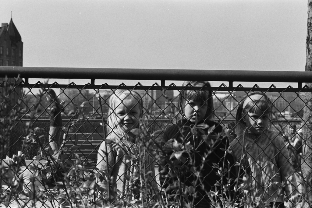 Tokoinranta. Kolme tyttöä verkkoaidan takana Eläintarhantien ja Säästöpankinrannan kulmauksessa olevassa puistossa.
