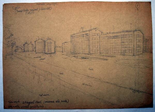 Silicon drawing. Tartu city view. Market Street in 1965.