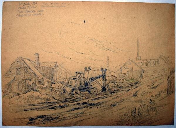 Silicon drawing. The corner of the shore and Pika Street. 1967.