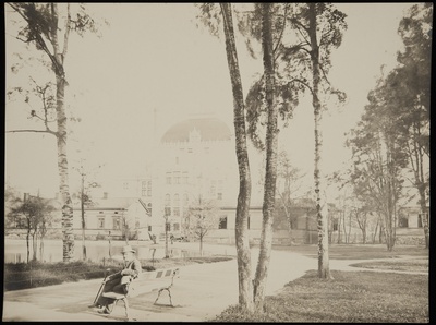 Kaisaniemen puisto, mies istuu penkillä. Vasemmalla joutsenlampi, taustalla Kansallisteatteri ja Villensaunan (Wilhelmsbad) kylpylän puurakennuksia.  duplicate photo