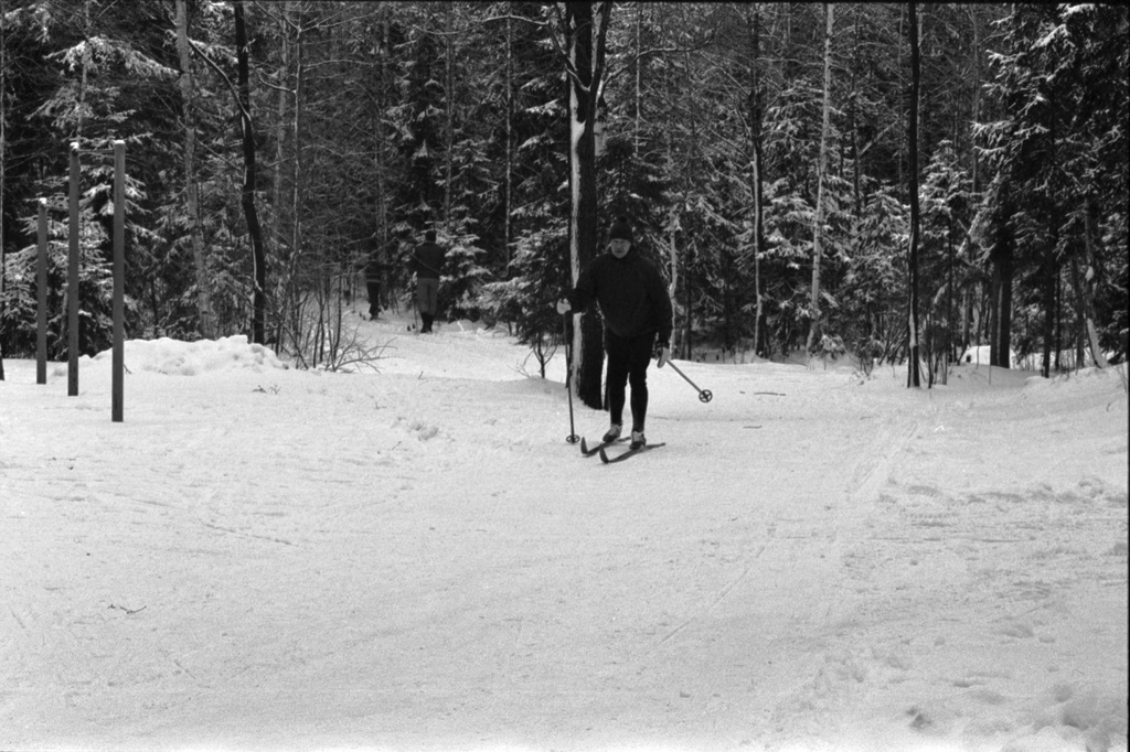 Pirkkolan urheilupuisto. Mies hiihtämässä Pirkkolan urheilupuistossa.