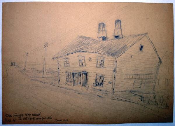 Silicon drawing. The end of the long street in luhal. 1966.