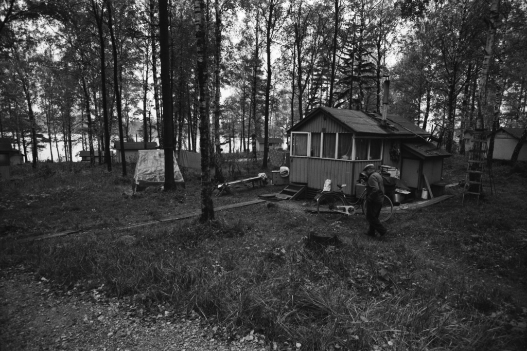 Kulosaari Näkymä syksyiseltä Kivinokan kesämaja-alueella. Mies ja polkupyörä pienen mökin pihapiirissä lounaisrannan puoleisella alueella.