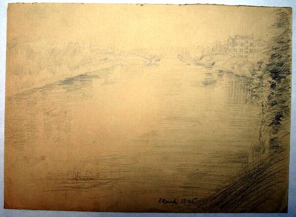 Silicon drawing. The bridges of the Freedom Bridge. 1945.