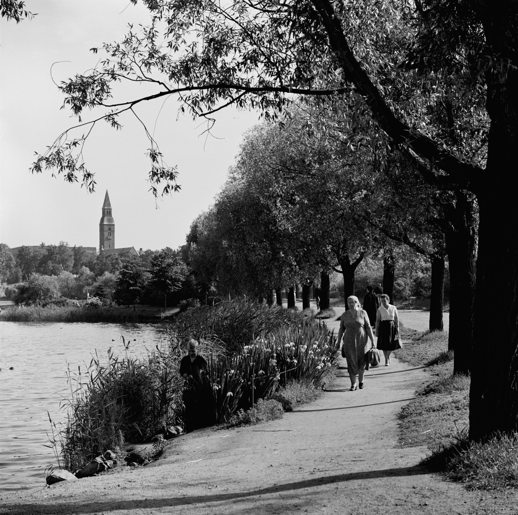 Jalankulkijoita Hesperian puiston rantatiellä Töölönlahden rannalla.
