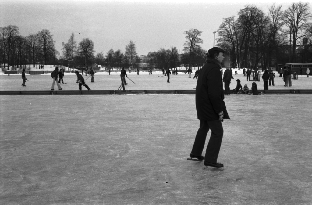 Kaisaniemenpuisto. Eri ikäisiä ihmisiä luistelemassa Kaisaniemen urheilukentän luistinradalla. Näkymä Eläintarhanlahden suuntaan.