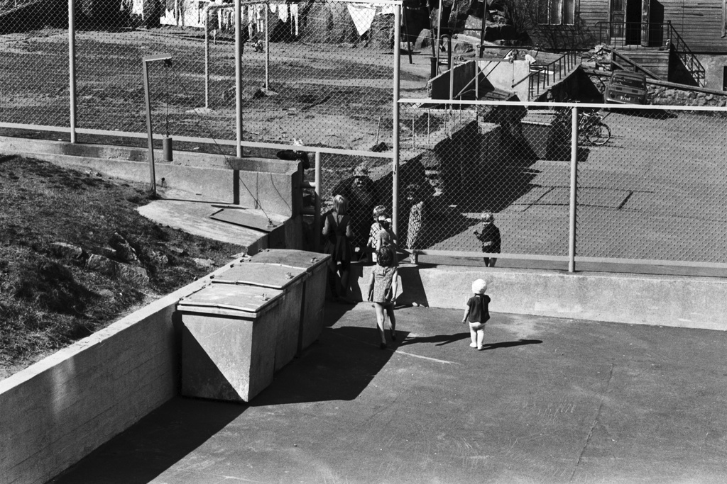 Fleminginkatu 12a, 12b. Näkymä Fleminginkatu 12a:n ja 12b:n pihalle. Etualalla Fleminginkatu 12a:n piha, taustalla verkkoaidan erottamat Fleminginkatu 12b:n ja 14:n pihat.