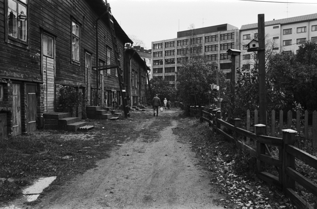 Ruoholahden villojen syksyistä pihapiiriä Ruoholahdenkadun laidalla. Taustalla Ruoholahdenkatu 14 ja 16.