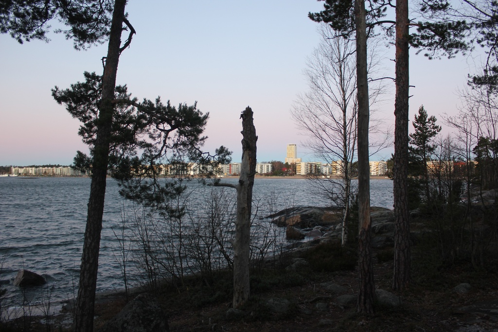 Panoraama Aurinkolahdesta kuvattuna vastakkaiselta rannalta Nuottaniemen kärjestä. Etualalla rantakalliota ja puustoa.