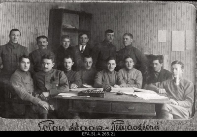 War of Liberty. 6.Jalaväepolgu station district. From the left in I row: 1st band Johannes Parts, 2nd Command Commander Lieutenant Bruno Vitas, 5th path adjutant Lieutenant Aleksander Kulbusch, other persons from the headquarters senior writers and writers.  duplicate photo